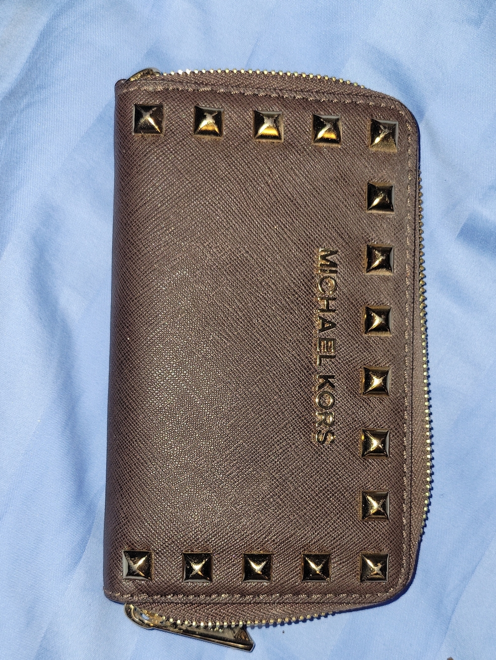 Michael Kors Brown Zip-Around Wallet with Gold Studs
